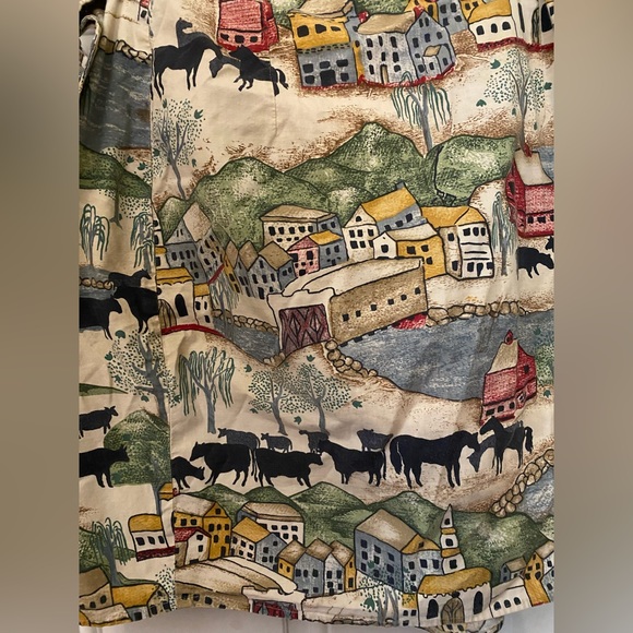 Vintage On the Verge Primitive Folk Western Cows Village Wrap Skirt -Made in USA - Picture 7 of 10